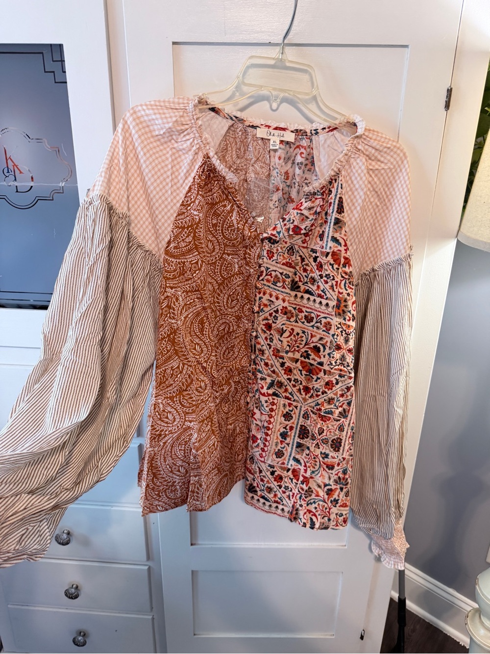 Oli & Hali Mixed-Print Patchwork Blouse in Rust, Cream & Tan